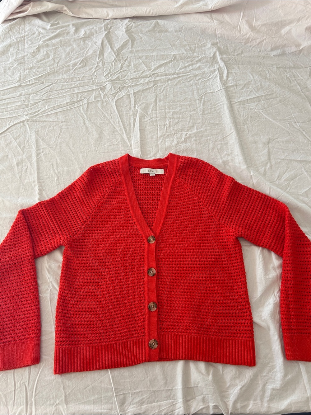 LOFT Red Button-Front V-Neck Knit Cardigan